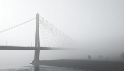 Obraz premium Modern cable stayed bridge disappearing into dense fog