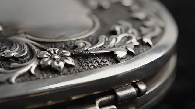 Closeup of ornate antique silver compact case with floral engravings.