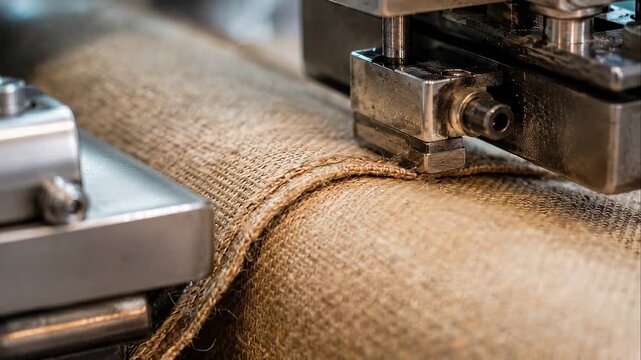 Burlap jute fabric being stitched by industrial sewing machine production stitching natural coarse textile closeup plastic free packaging creating