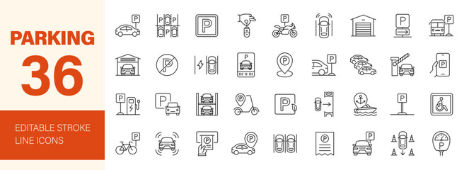 Naklejka na ściany i meble Parking icon set. Editable line icons. Vector illustration.