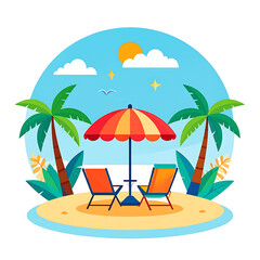 Obraz premium Tropical beach scene with palm trees, sun umbrella, and lounge chairs, representing vacation and relaxation