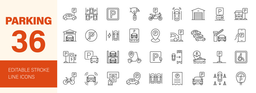 Parking icon set. Editable line icons. Vector illustration.