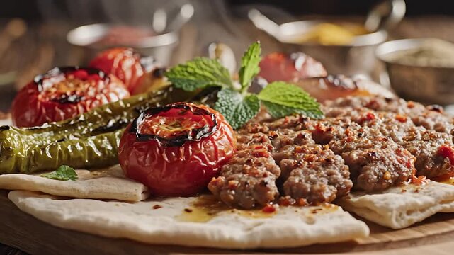 Delicious Turkish Kebabs with Grilled Tomatoes and Peppers on Flatbread.