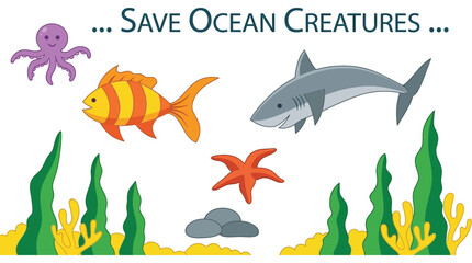 Marine life illustration with octopus fish shark and coral on white background © Anjumanara Rakhi