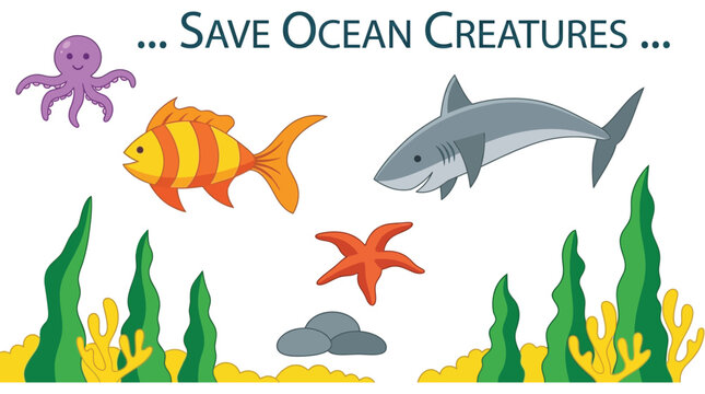 Marine life illustration with octopus fish shark and coral on white background