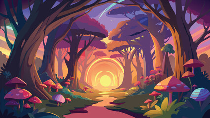 Enchanted forest scene with stylized trees and colorful mushrooms a vibrant vector illustration woodland digital art fantasy nature scenic whimsical © CreativeKamrul