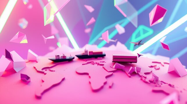 Abstract pink landscape. Ships, plane float amid geometric shapes. Bright lighting creates dynamic composition. Modern digital art.