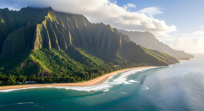 Aerial view of na pali coast kauai hawaii tropical mountains and ocean beach with mountain tropical landscape shoreline