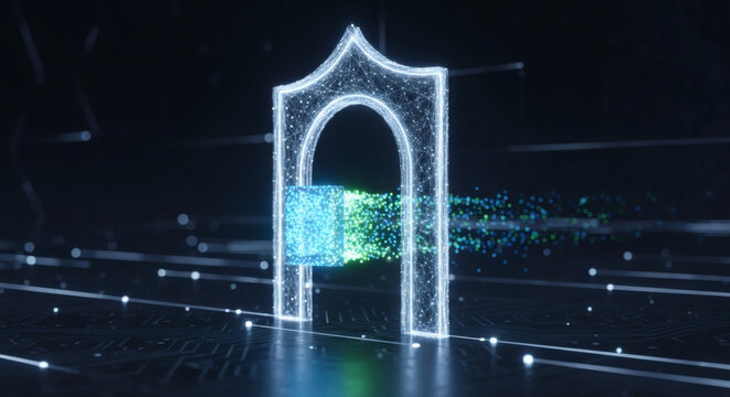 Futuristic Digital Gateway with a Cubic Data Stream Dissolving into Abstract Particles