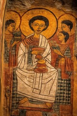 Fototapeta premium A traditional religious mural depicting a central haloed figure holding a chalice, flanked by three attendants offering gifts, rendered in warm earthy tones.