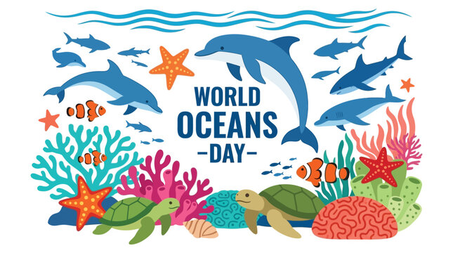 Marine life illustration with dolphins turtles coral and starfish