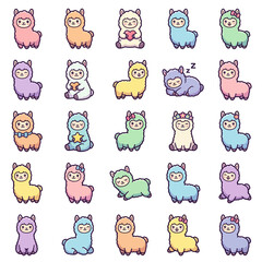 Naklejka premium Cute alpaca and llama characters with fluffy wool and accessories