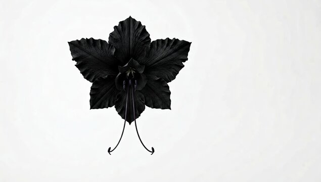 Single black flower with five petals and delicate tendrils isolated on white background.