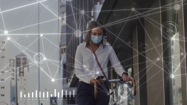 Woman pushing bike, checking phone, causing network lines, charts rising, centering for commuting