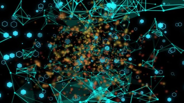 Central glow rising, particles pulsing, spilling into shifting teal mesh, forming layered 3D depth