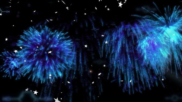 Single cyan burst forming top, cluster cyan fireworks expanding, cascading to form layered sparkle