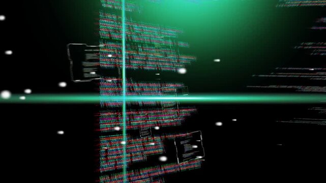 Camera panning initiating, central code plane revealing text while crosshair guiding data flow