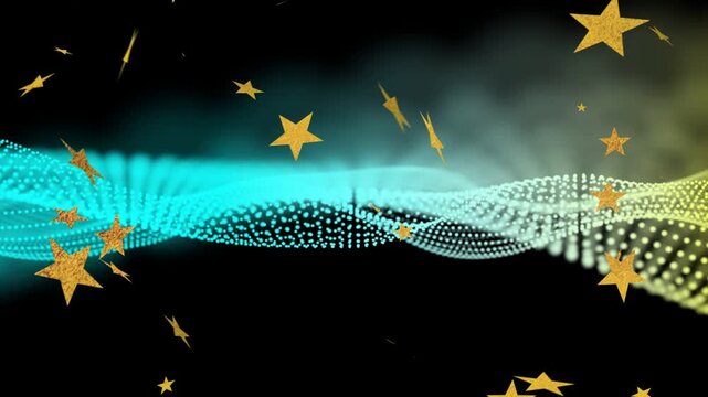 Cyan-to-yellow dot ribbon appearing, undulating as gold stars drifting and layering, creating depth