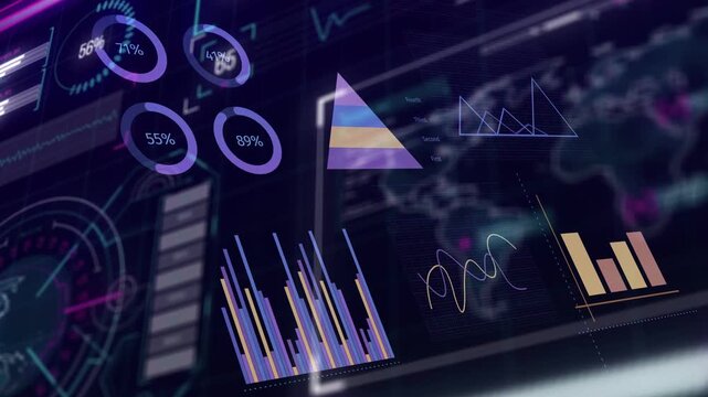 On data refresh, holographic UI updating gauges, bars rising, pyramid shifting, revealing trends
