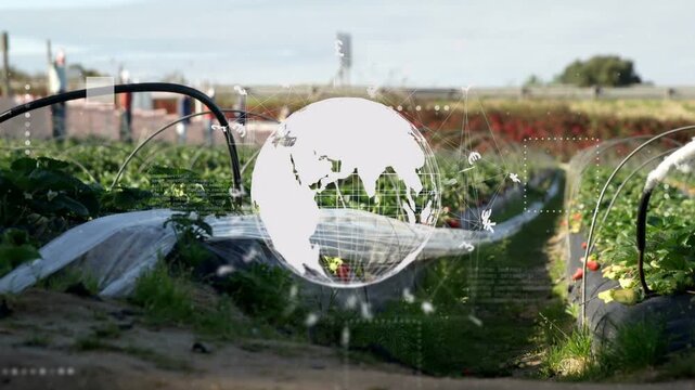 Digital globe HUD fading in at frame 1, rotating and sending streaks, visualizing farm analytics