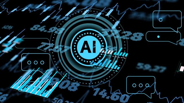 On data pulse cyan AI emblem pulsing rings rotating, charts rising, chats flowing sharing data