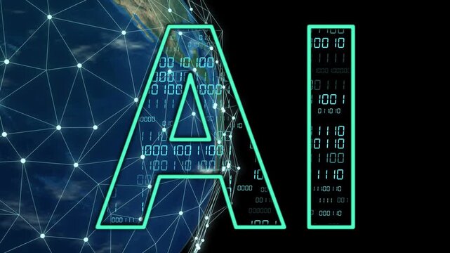 Globe rotating, network brightening, letter A and I filling with scrolling binary, showing data