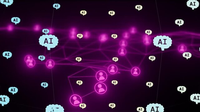 Central cluster pulsing and expanding as blue AI clouds floating, connecting nodes to show AI links