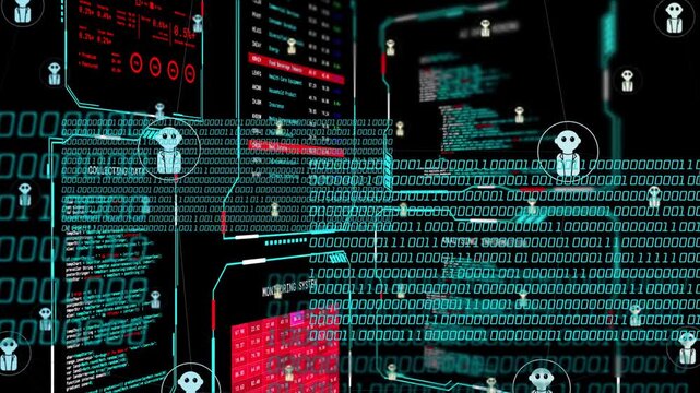 Binary stream starting across UI panels, growing, circling agents, then thinning to reveal data