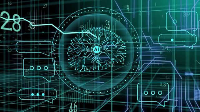 Red circuits pulsing from right initiating AI orb handling linking nodes showing message metrics