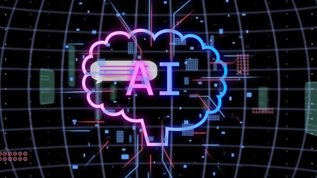 Speech bubbles sliding in, neon AI brain filling 0 or 1 streams, lines converging, showing data flow
