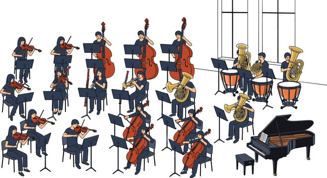 Symphony Orchestra Performance Vector Illustration Featuring Musicians Playing String Brass Percussion Instruments And Grand Piano