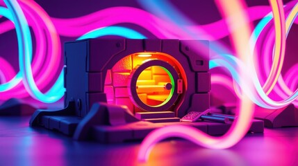 Obraz premium Futuristic doorway glows brightly. Neon lights swirl around dark structure. Dramatic lighting creates vibrant scene.