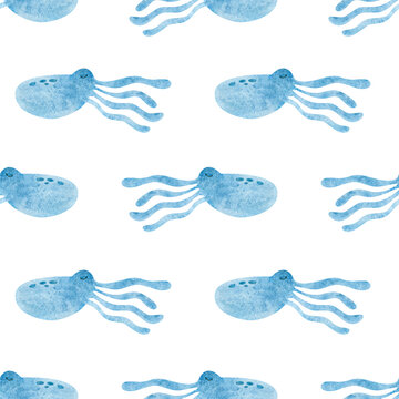Watercolor seamless pattern with cuttlefish. Children simple drawing sea on a white background.