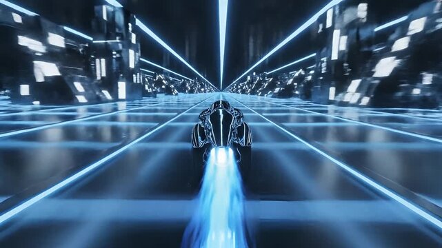 Futuristic Motorcycle Speeds Through Neon Grid Tunnel.