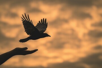 Fototapeta premium A silhouetted bird takes flight from an outstretched hand against a golden, cloudy sky at sunset.