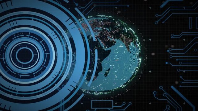 Radial pulse from HUD rings activating globe, globe revealing city lights and code for scanning