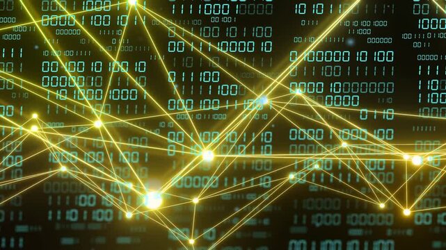 Yellow node network receiving burst, pulsing along gold lines over teal 0 or 1 grid visualizing flow