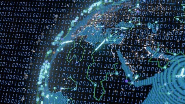 Stylized globe rotating as binary stream starting, ripples expanding showing global data network