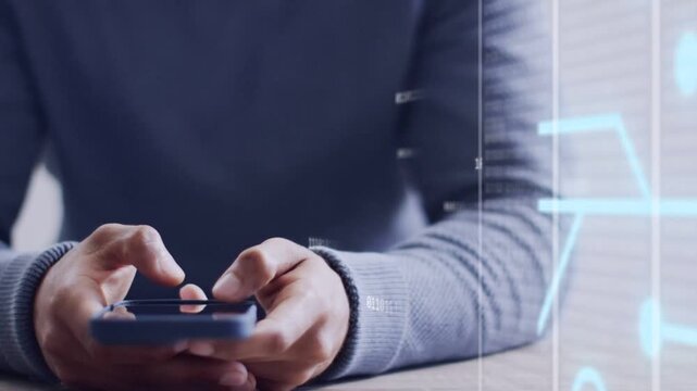 Man single-thumb tapping, two-thumb typing on phone while animated binary grid aligning for tech