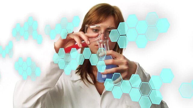 Chemist inspecting then pouring red from test tube into blue flask for analysis under cyan hexagons