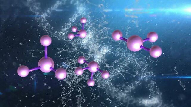 On start, molecular clusters rotating and drifting while particle web spiraling, showing depth