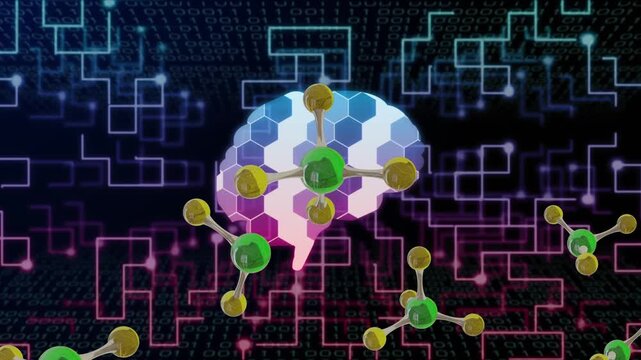 Pause starting, brain icon staying central while molecules rising, rotating, visualizing network