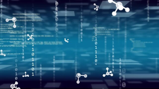 Molecules emerging forward, drifting across blue grid, revealing binary columns, visualizing data
