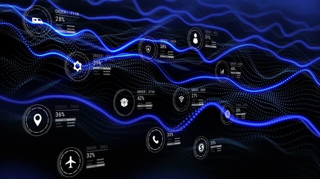 On load neon ribbons and HUD icons rising, flowing right, updating percent to show orders