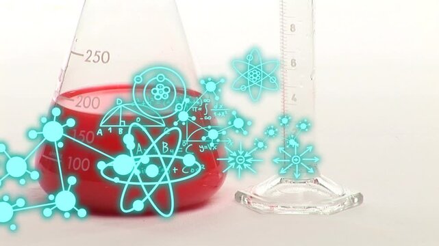 Pipette lowering and adding red liquid into Erlenmeyer flask cyan icons spreading showing chemistry