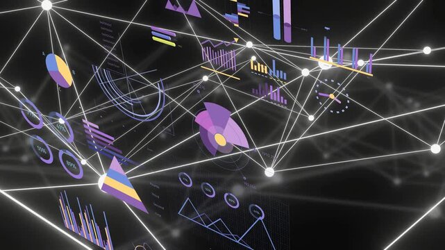 Camera orbiting 3D data network, revealing floating charts and nodes, showing data relationships