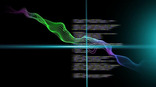 Cyan scanline initiating neon ribbon moving right, weaving through shifting code, visualizing data