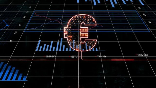 Glowing euro symbol pulsing and linking charts while receiving live data and summarizing metrics