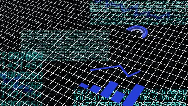 Grid tilt starting camera shift, blue bars rising, line tracing gauges rotating revealing numbers