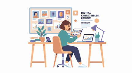 Fototapeta premium Focused Woman Reviewing Digital Collectibles and Data on Multiple Screens.